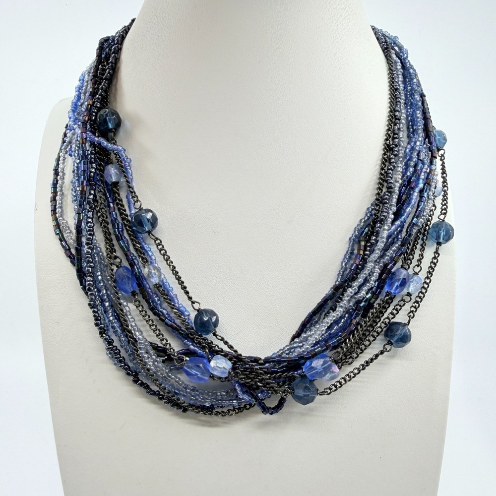 Vintage Y2K Multi Strand Seed Bead Necklace Blue Iridescent Gunmetal